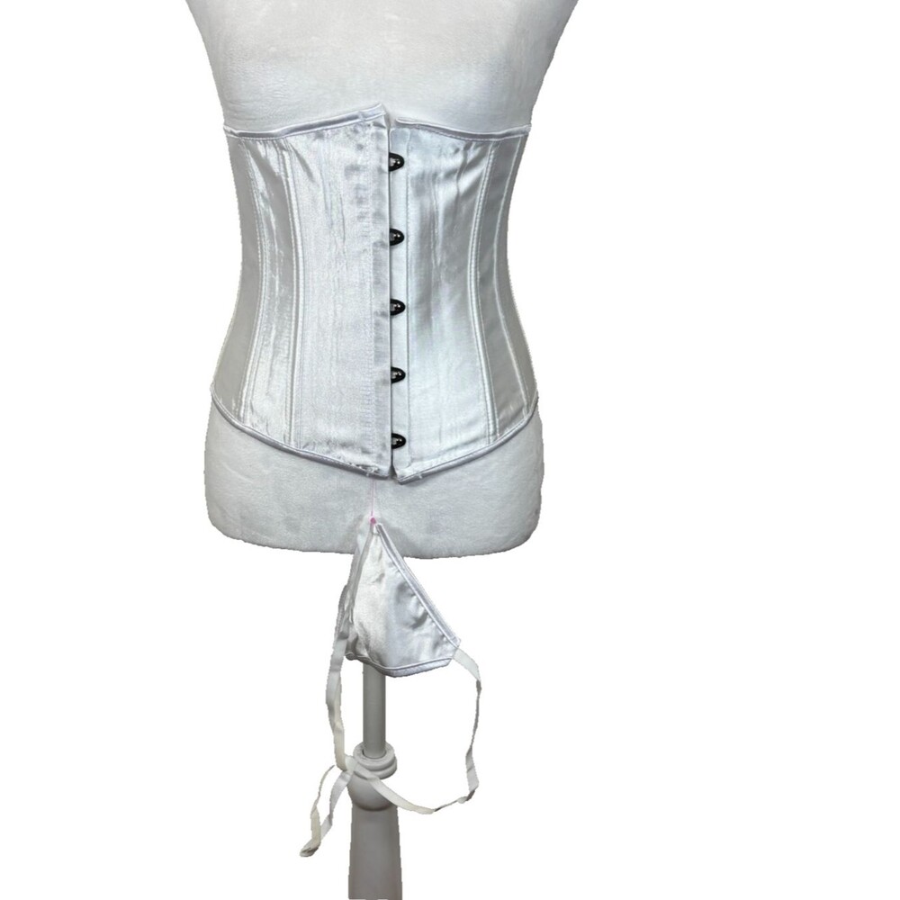 NWOT Underbust Boned Satin Lace Up Corset Bustier Top w/Thong Sz M White Bride